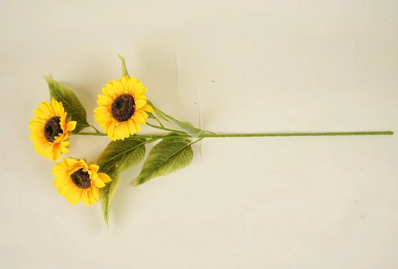 Sunflower x3 On Stem With Leaves 16cm x 90cm